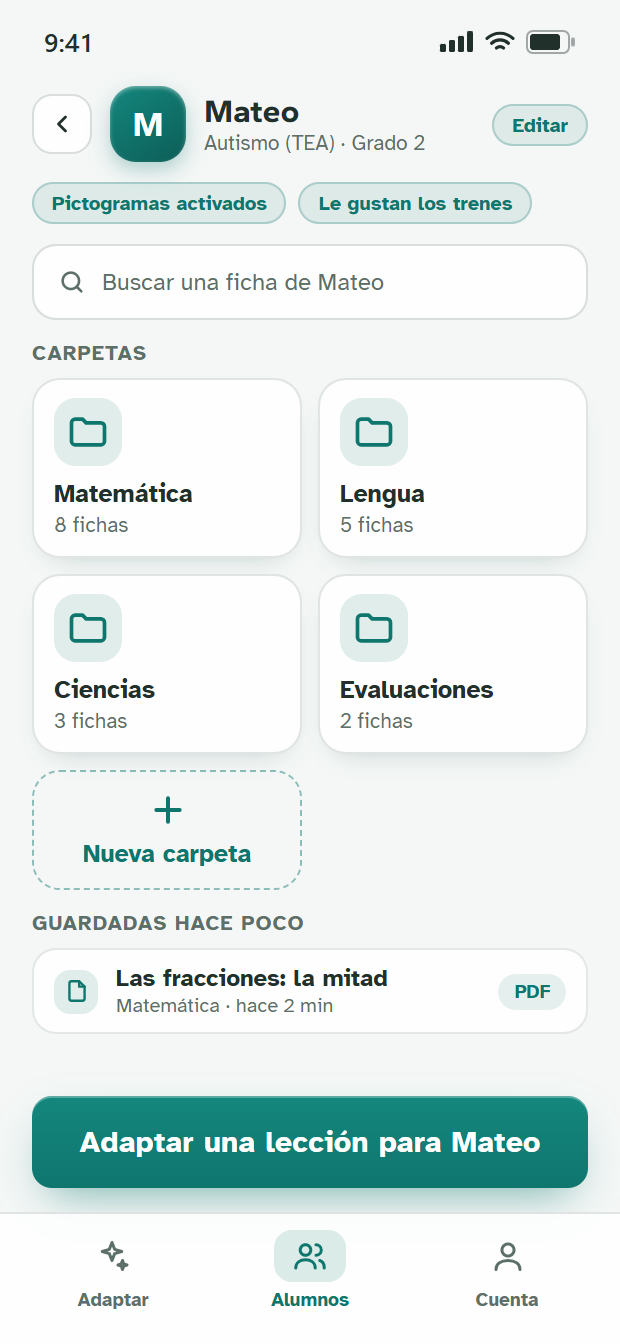 Perfil de un alumno con carpetas por materia