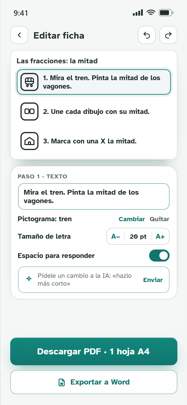 Editor donde se cambia el texto, el pictograma y el tamaño de letra de cada paso