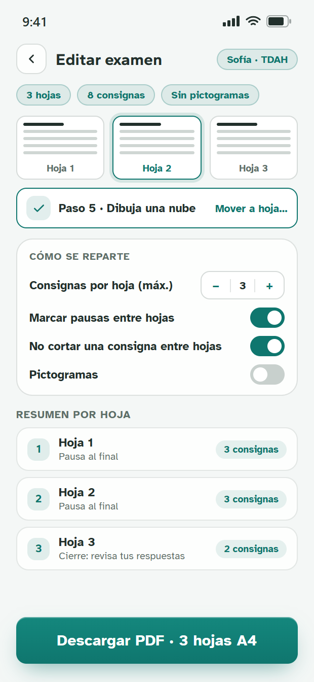 Pantalla que reparte un examen en 3 hojas A4 con pausas marcadas