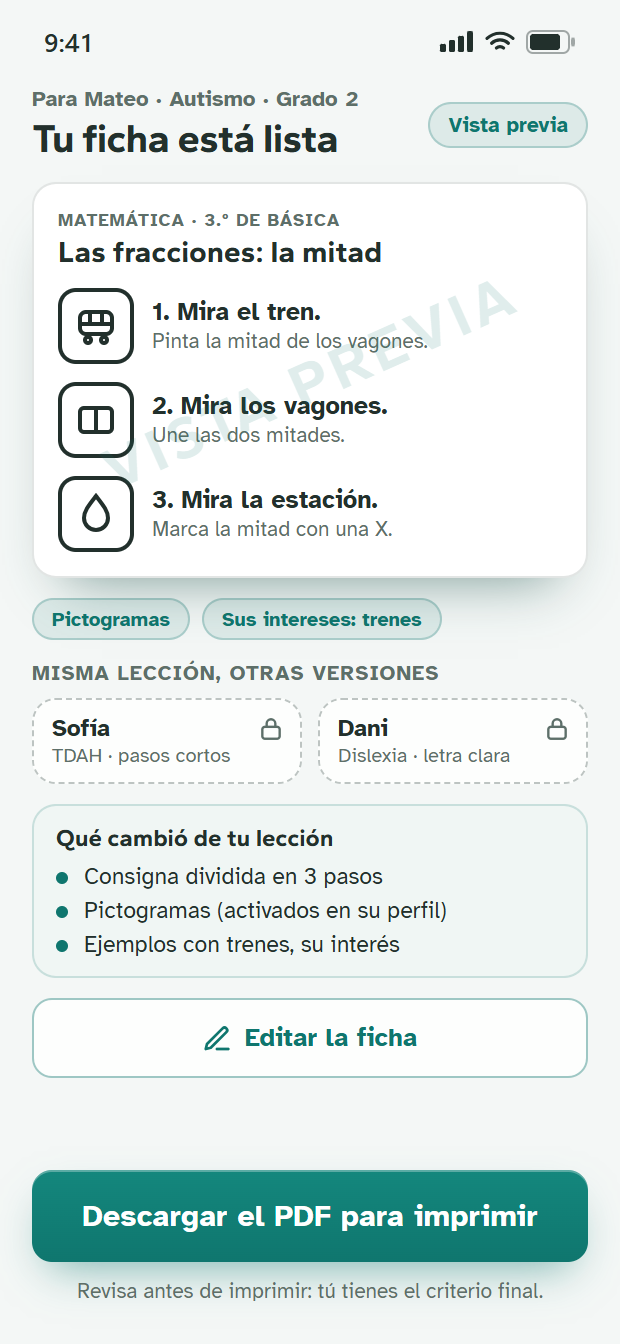 Vista previa de la ficha adaptada con consignas cortas y pictogramas