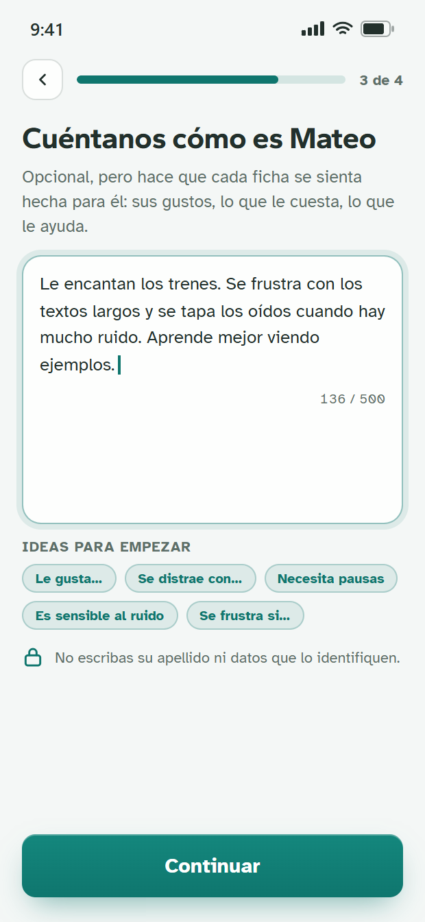 Pantalla donde la docente cuenta cómo es su alumno: gustos, qué le cuesta y qué le ayuda